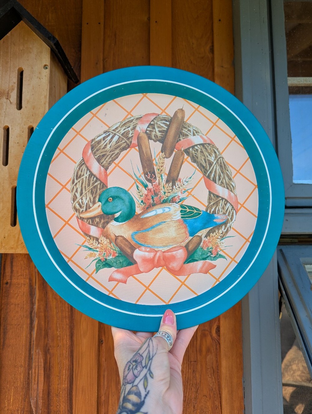 🦆VTG 90s Decorative Mallard Duck Tin Platter Wall Plaque Teal Peach Cottagecore